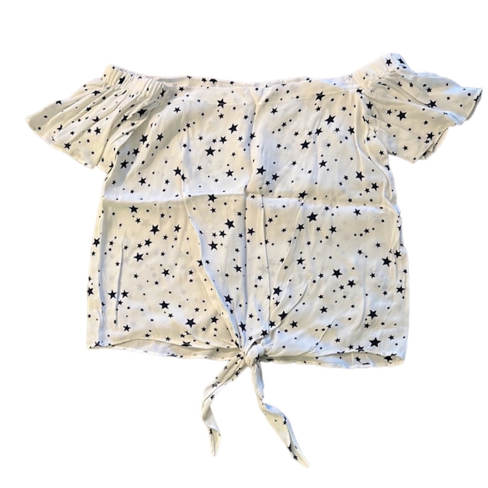 Olivaceous white/navy star front tie off shoulder top med